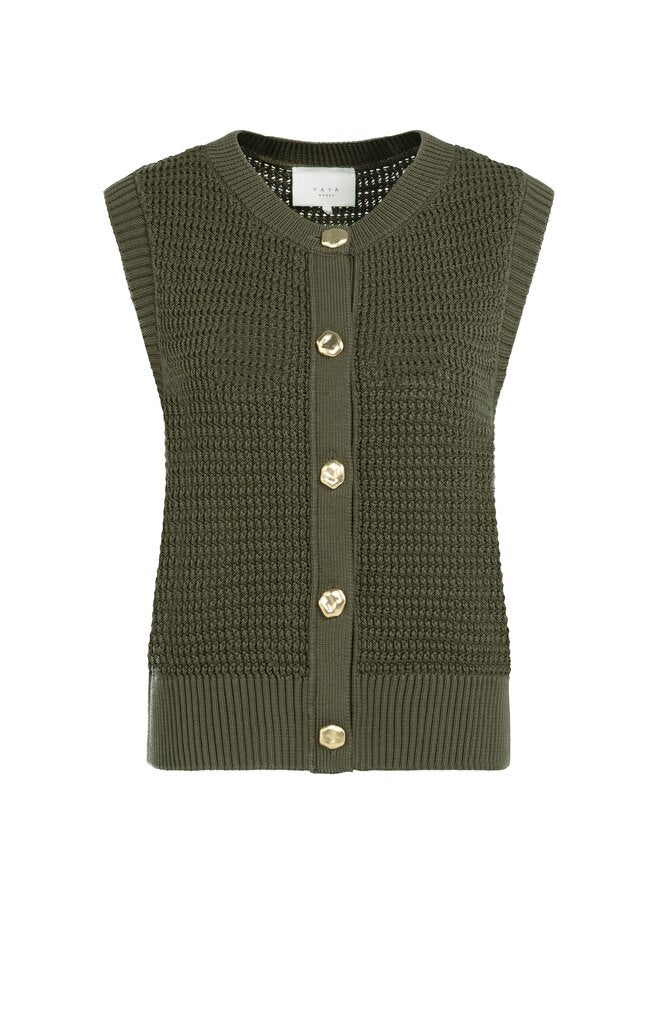 Sleeveless Textured Cardigan with Gold-tone Buttons – YAYA