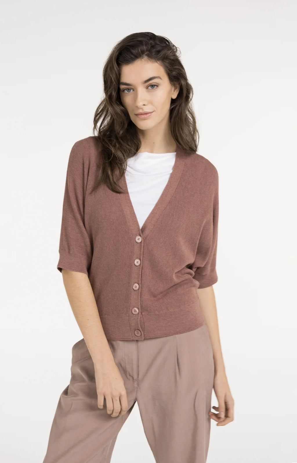 Batwing Cardigan with Short Sleeves and Button Closure Yaya