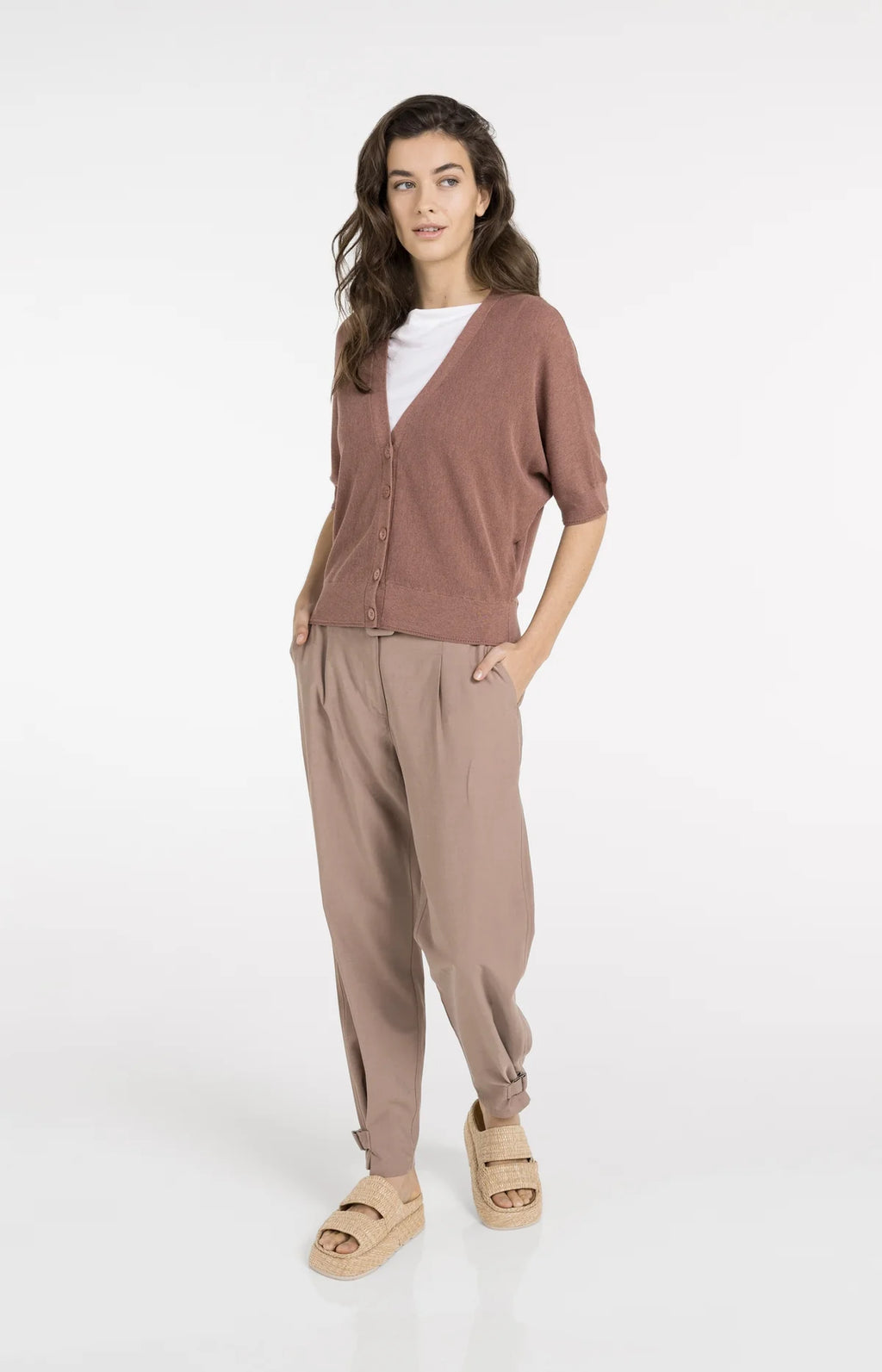 Batwing Cardigan with Short Sleeves and Button Closure Yaya