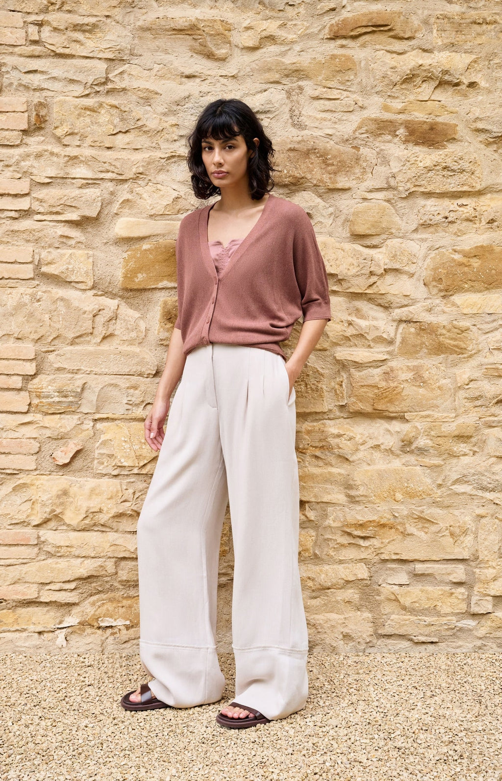 Linen Blend Wide Leg Fringe Trousers - Yaya