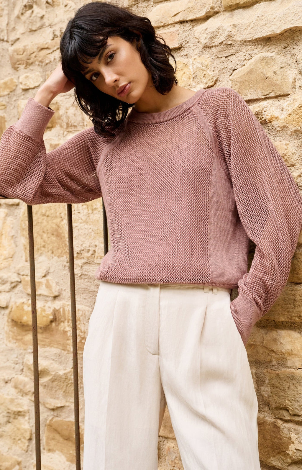 Mesh-Stitch Knitted Sweater with Raglan Sleeves Yaya