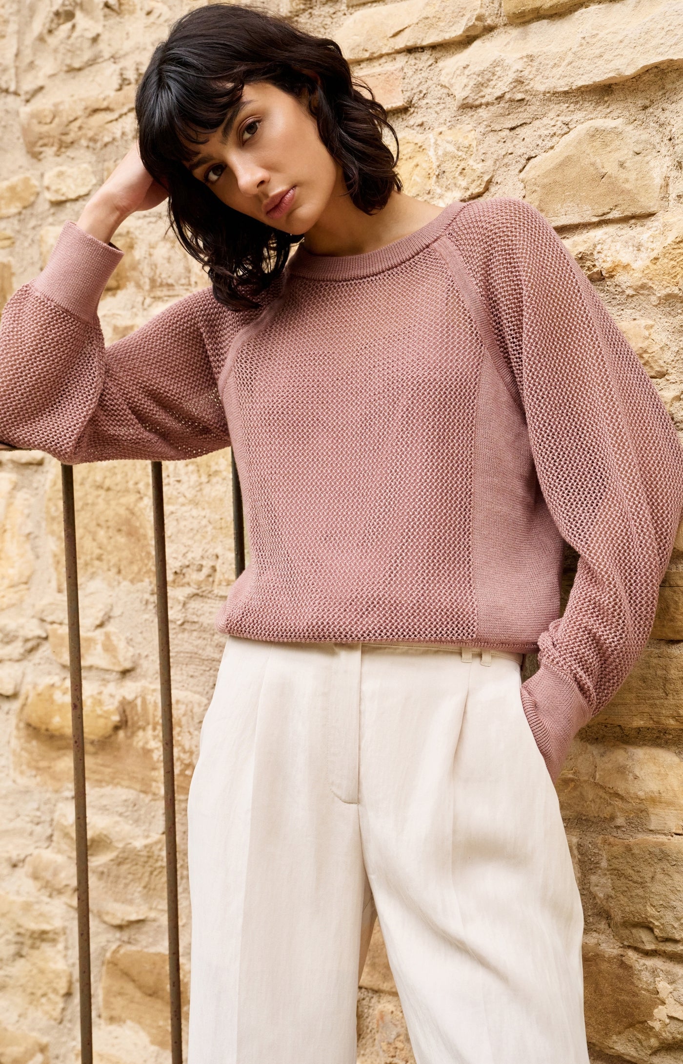 Mesh-Stitch Knitted Sweater with Raglan Sleeves Yaya