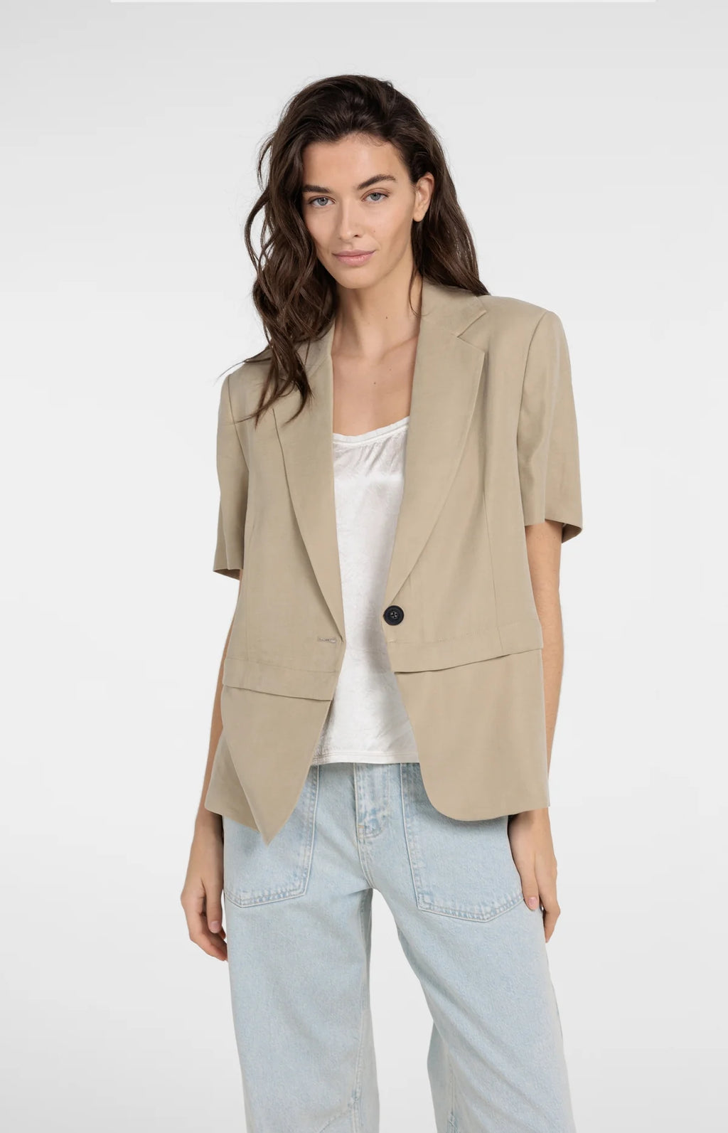 Woven Blazer with Short Sleeves and Detachable Zip Hem Yaya