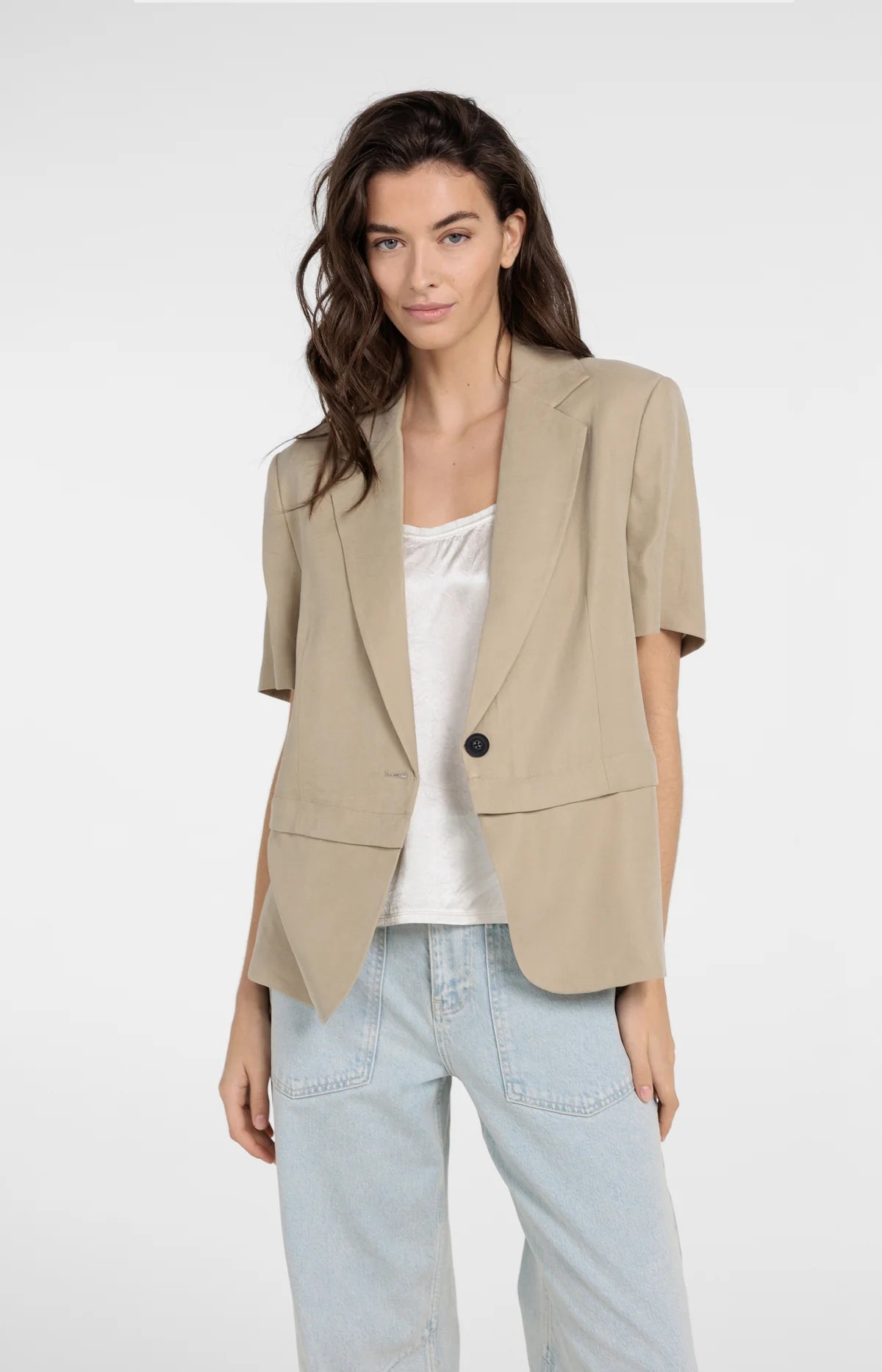 Woven Blazer with Short Sleeves and Detachable Zip Hem Yaya