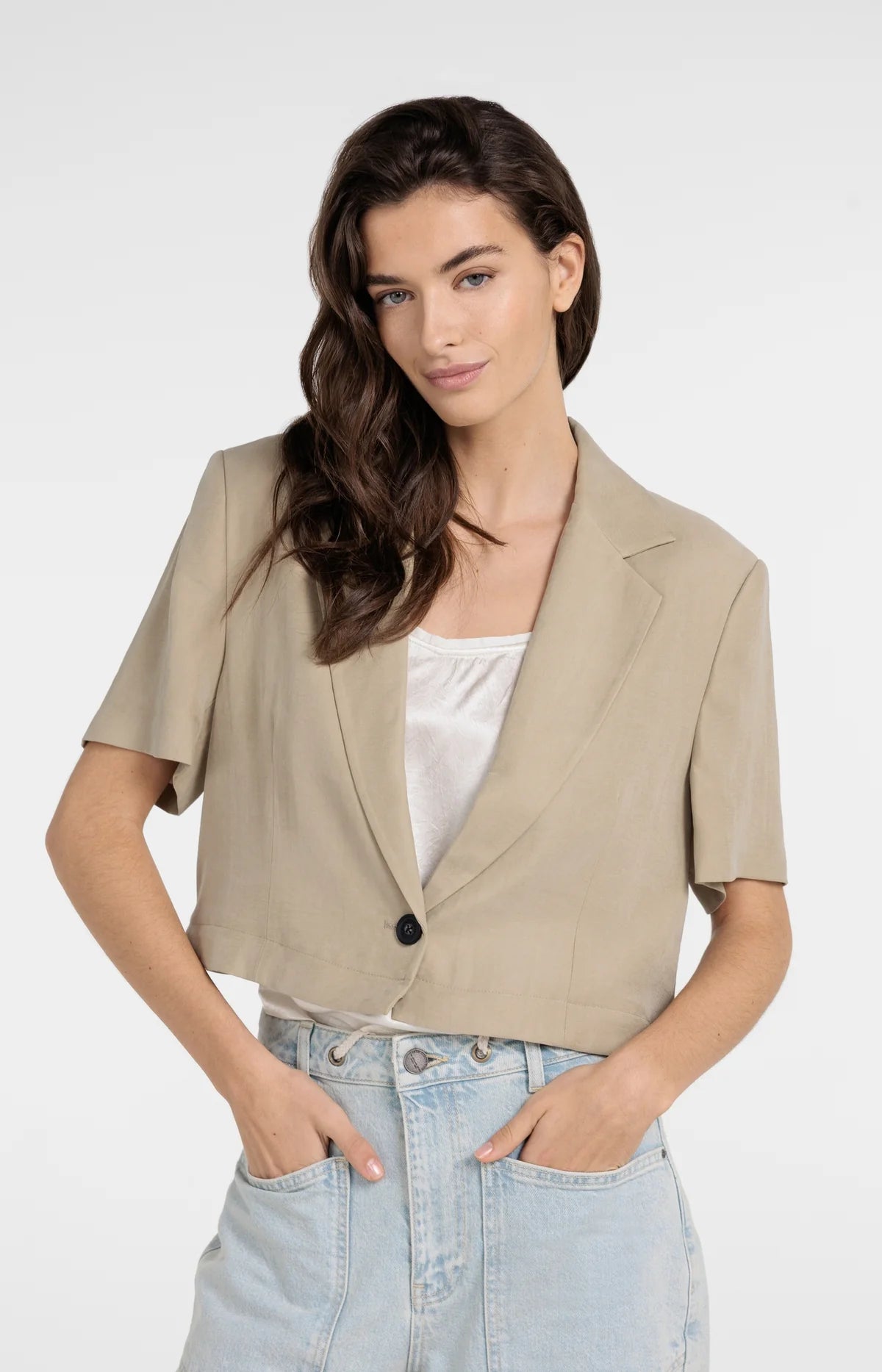 Woven Blazer with Short Sleeves and Detachable Zip Hem Yaya