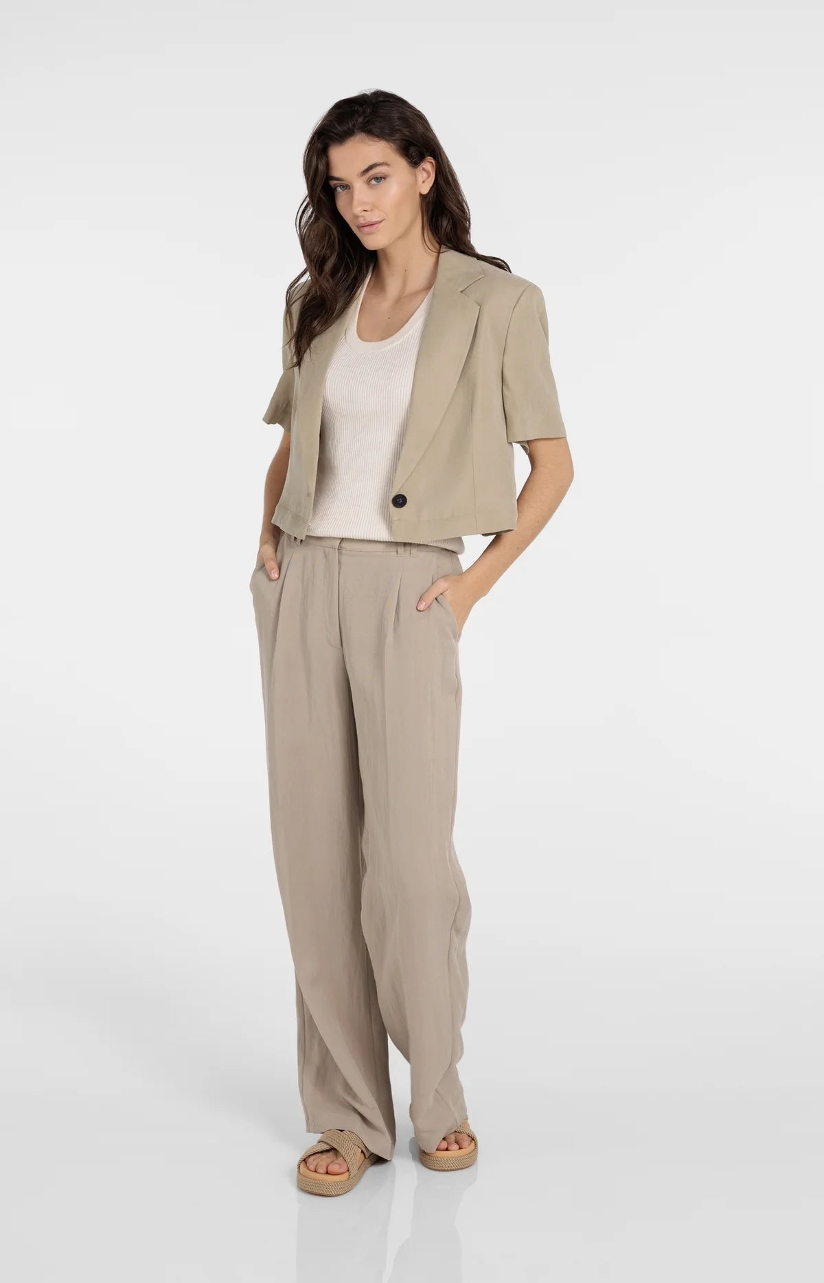 Woven Blazer with Short Sleeves and Detachable Zip Hem Yaya