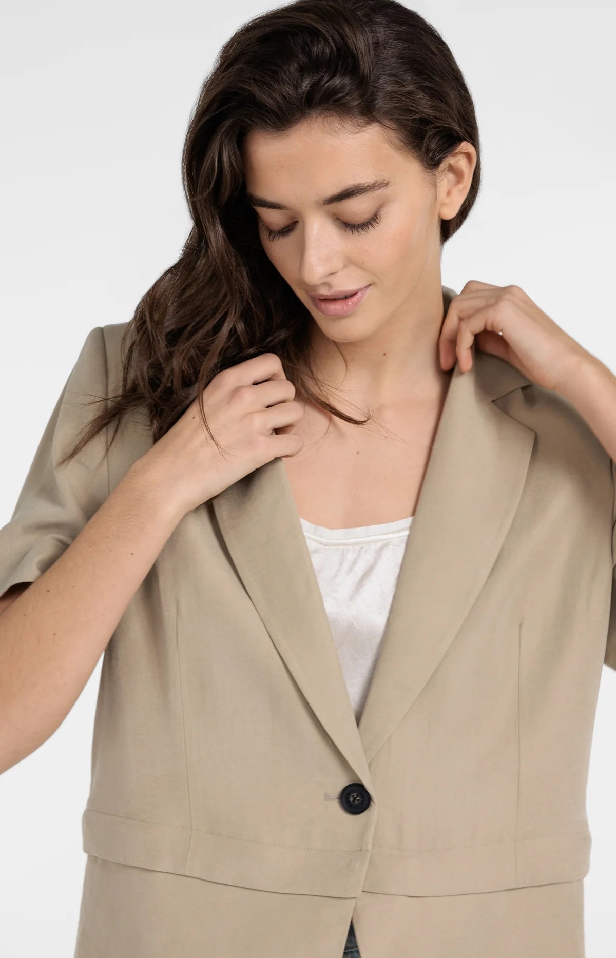 Woven Blazer with Short Sleeves and Detachable Zip Hem Yaya