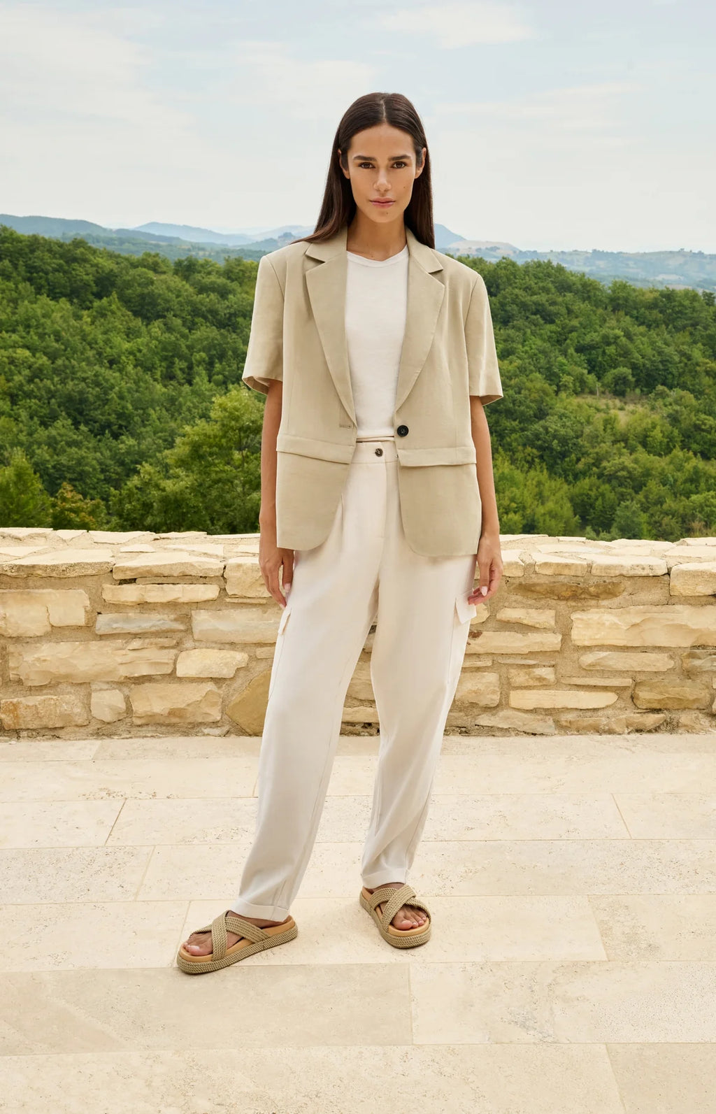 Woven Blazer with Short Sleeves and Detachable Zip Hem Yaya
