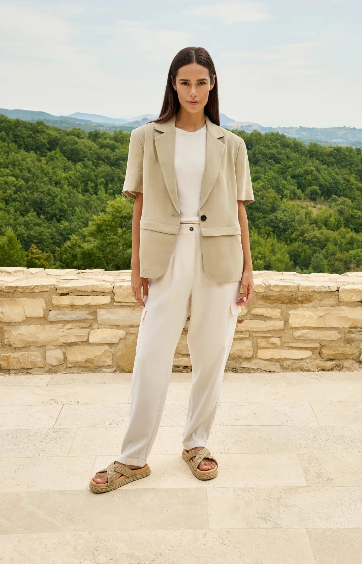 Woven Blazer with Short Sleeves and Detachable Zip Hem Yaya