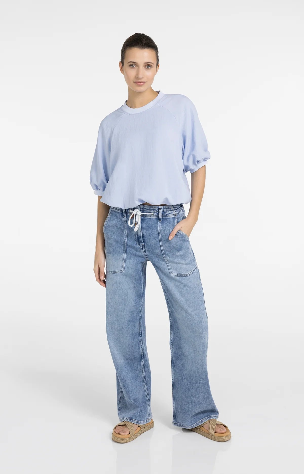 Woven T-Shirt with Balloon Sleeves and Zip Yaya